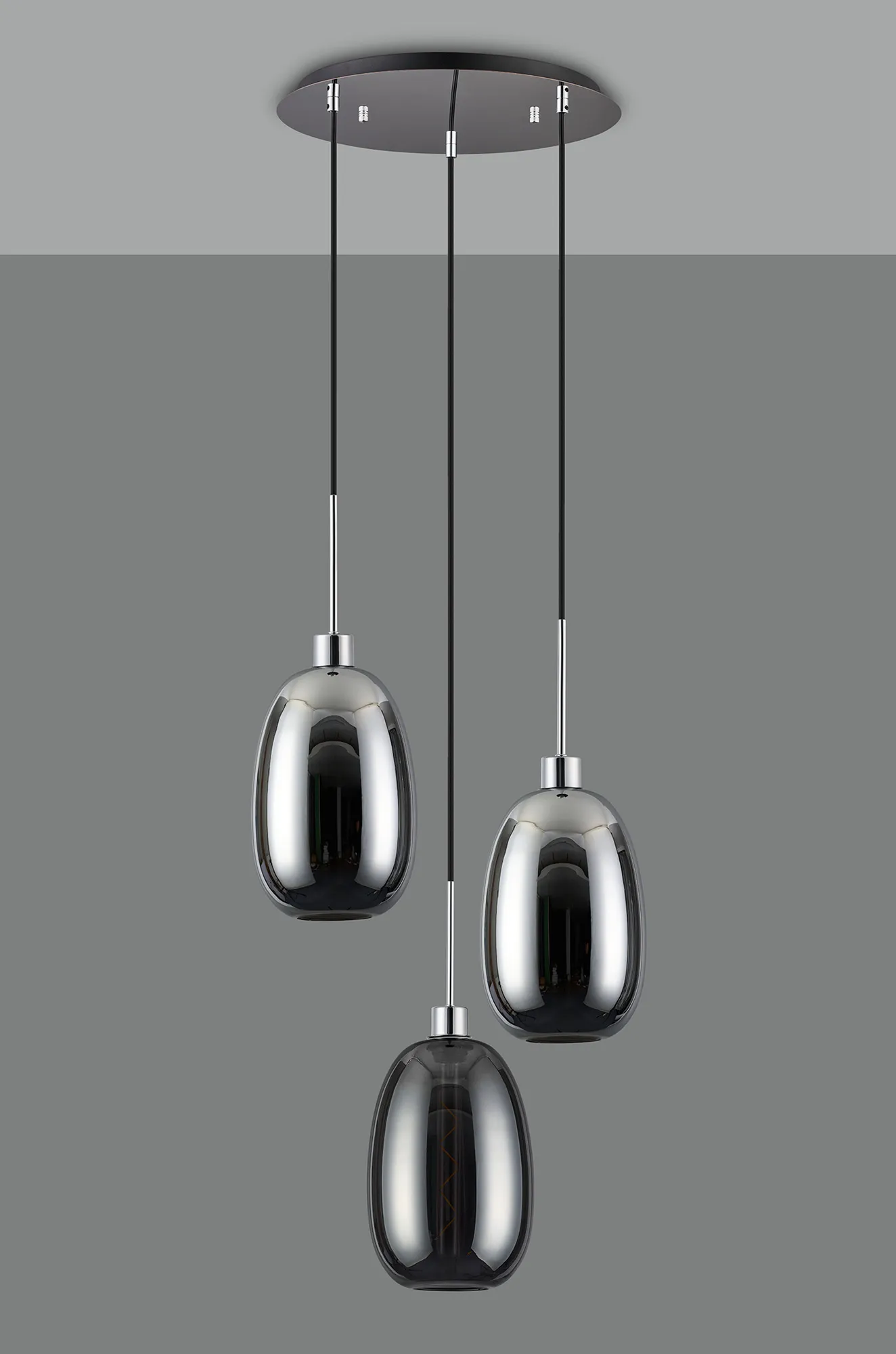 Lori 40cm Round Pendant, 3 Light Adjustable E27, Polished Chrome/Chrome/Smoke Slim Curved Trapezium Shades DK1270  Deco Lori Polished Chrome